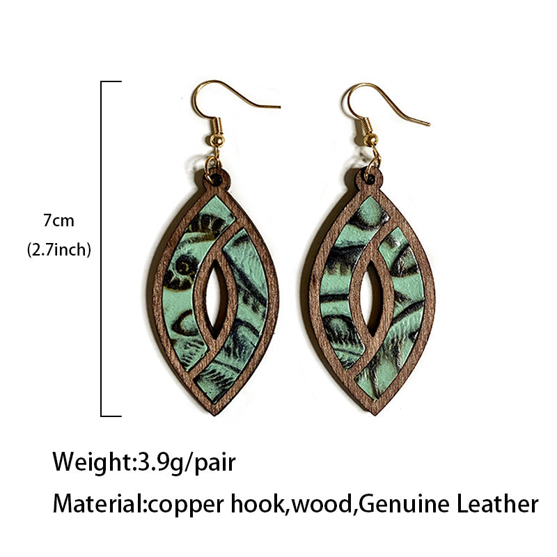 Wholesale  retro genuine leather earrings western hollow horse eye texture earrings