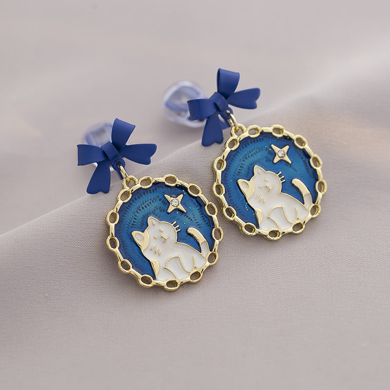 Wholesale Alloy Blue Bow Cat Earrings Japanese Style Clip On Cute Kitten Design Everyday Gift