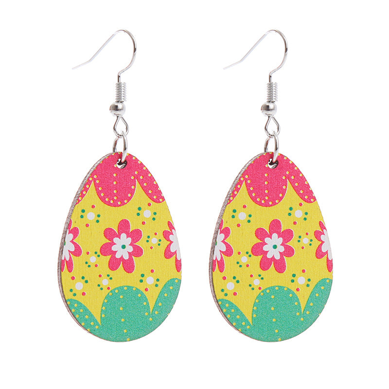 Wholesale Easter Earrings Rabbit Flower Basket Print Wooden Earrings