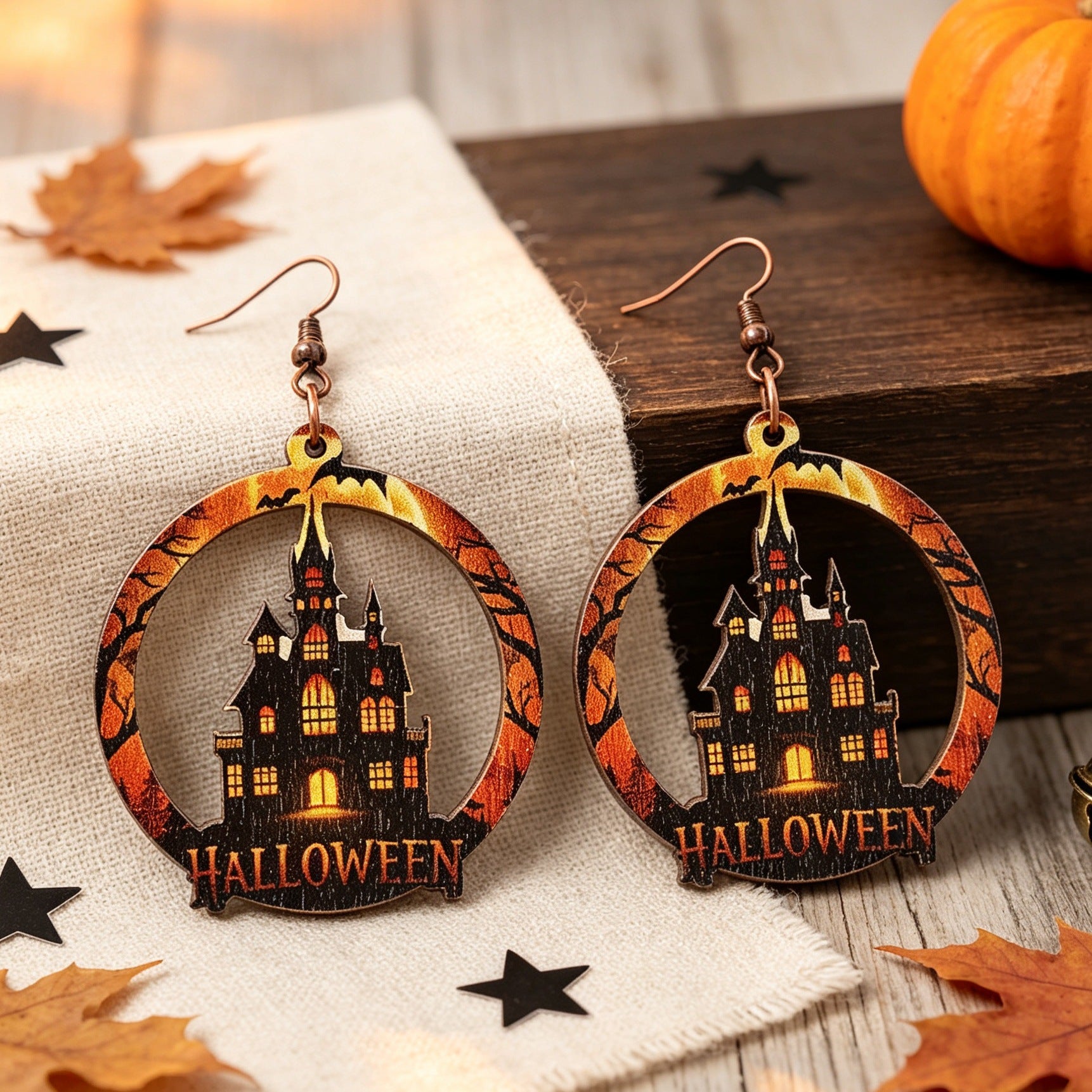 Wholesale Wooden Bat Moon Castle Earrings  Hollow Round Gothic Jewelry Gift