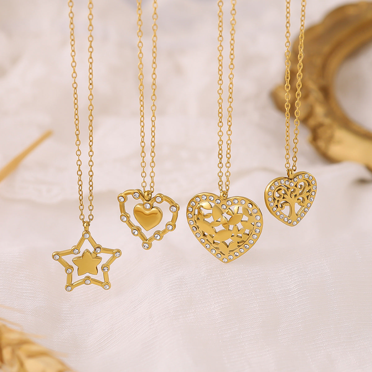 Wholesale Heart micro-inlaid titanium steel tree of life five-pointed star necklace