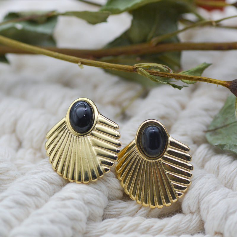 Wholesale Natural Stone Earrings 18K Gold Stainless Steel Bohemian Fan-shaped Turquoise Earrings