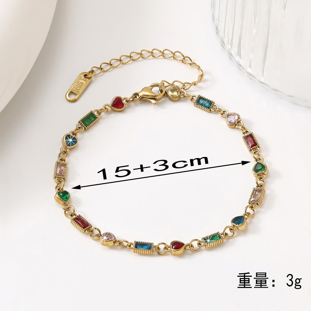 Wholesale Geometric Micro Set Colorful Gemstone Chain Bracelet Stainless Steel Gold Plated Women S Fashion Jewelry Accessory