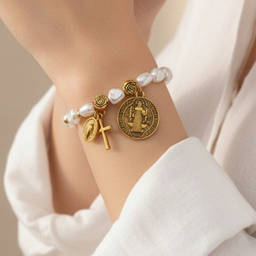Wholesale Alloy man-made pearl beaded flower and cross Virgin Mary bracelet