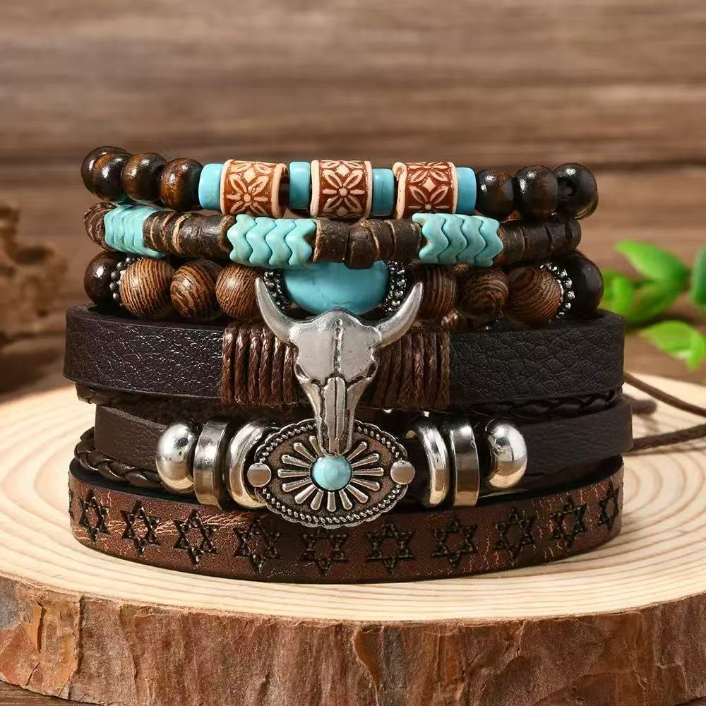 Wholesale Alloy Woven Bohemian Bull Head Bracelet 6 Piece Set Fashion Accessory for Resale