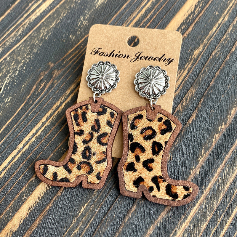 Wholesale Western Style Cowboy Boots Leopard Print Leather Earrings ACC-ES-XinChuan039
