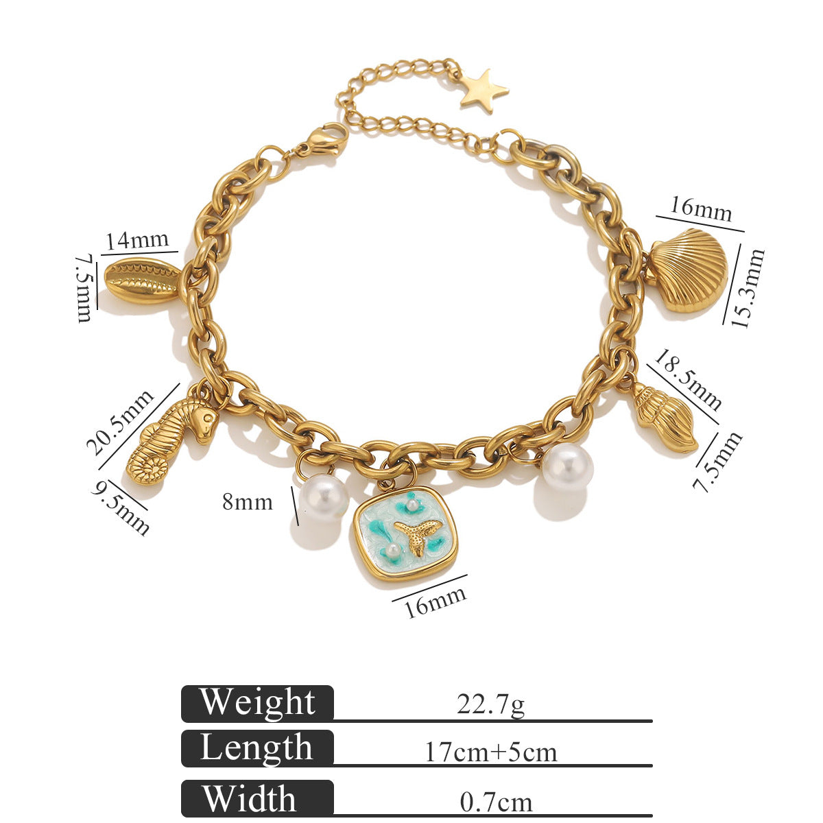 Wholesale Stainless Steel Vintage Ocean Themed Charm Bracelet with Starfish and Pearl - Fashion Accessory