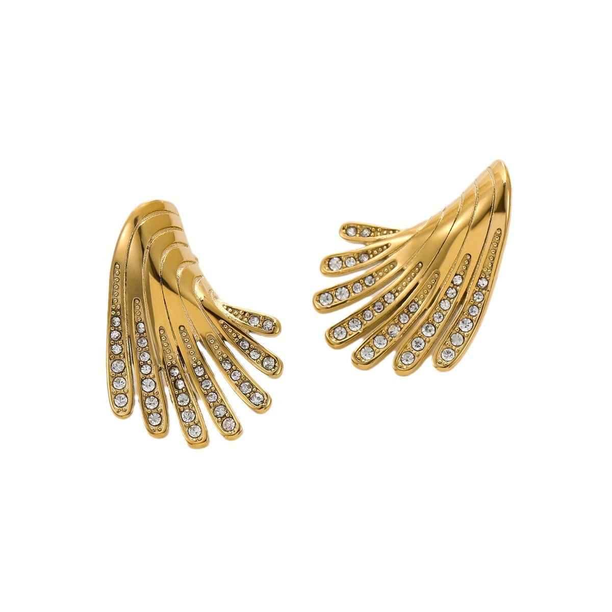 Wholesale exaggerated stainless steel irregular wings micro-inlaid zircon earrings