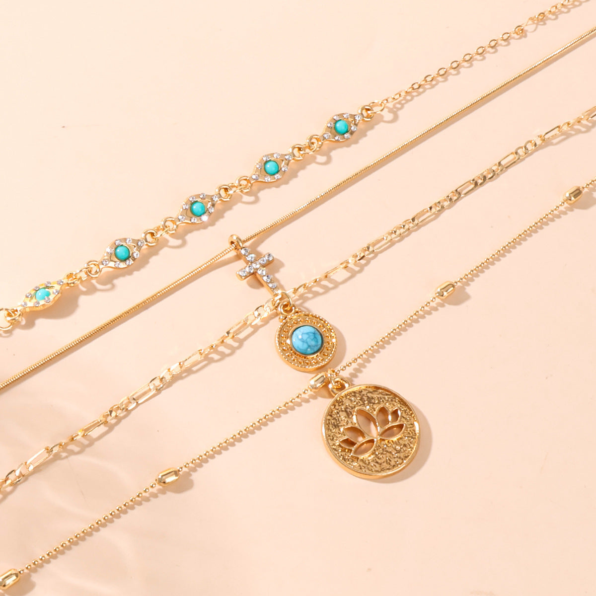Wholesale Bohemian Multi-Layer Stacked Necklace Gold Electroplated Alloy Cross Pendant Women Fashion Accessory Gift