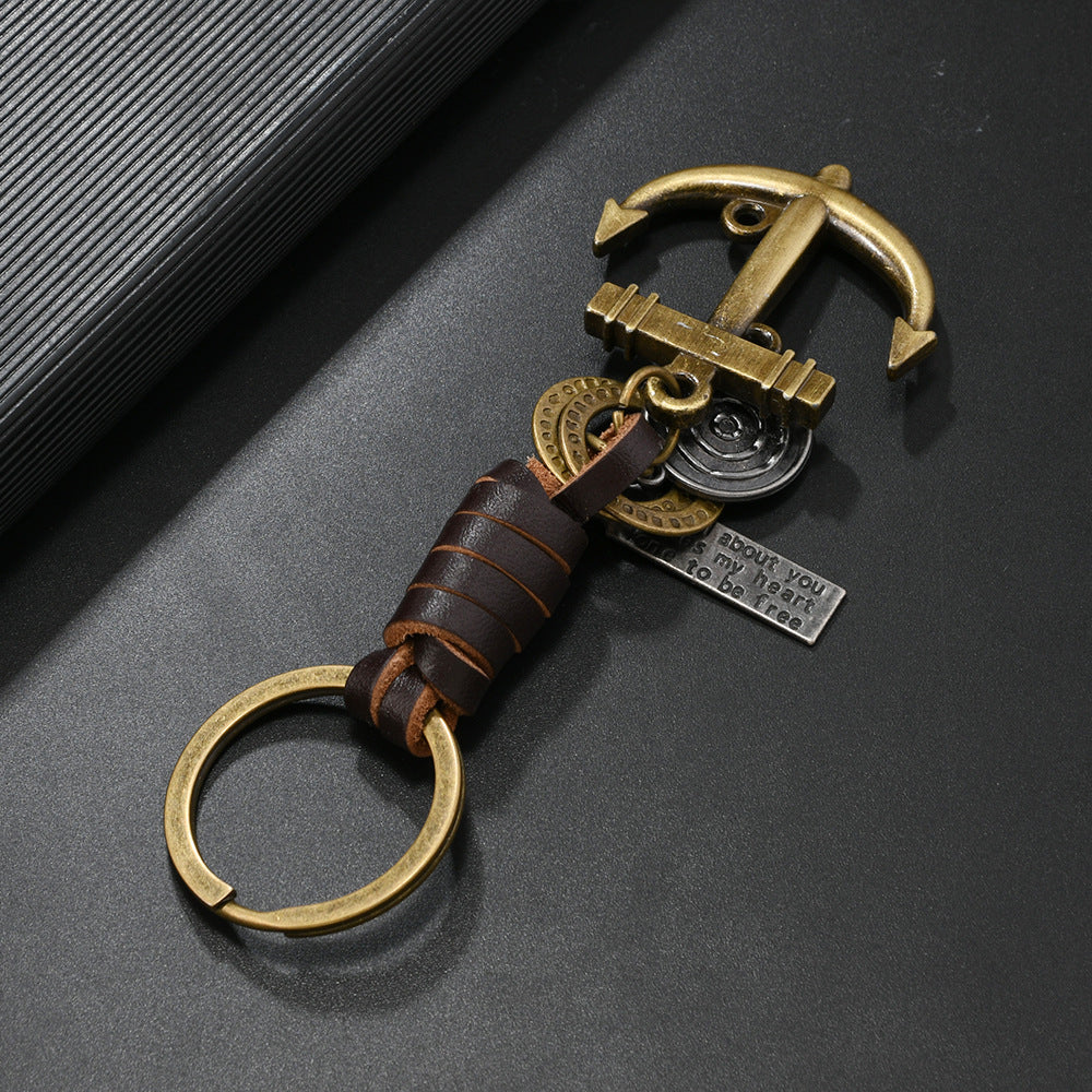 Wholesale Alloy Bronze Ship Anchor Vintage Woven Cowhide Keychains