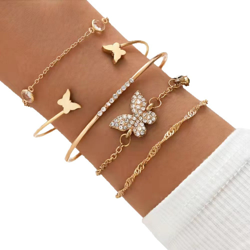 Wholesale Bohemian Butterfly Crystal Open Cuff Bracelet Set Gold Tone 5PCS Fashion Jewelry Boutique Resale Gift For Women