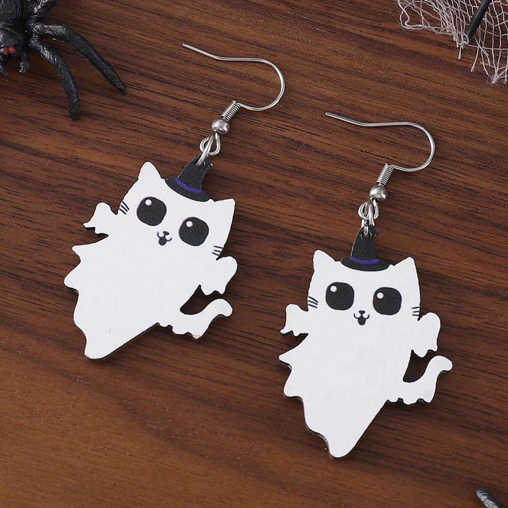 Wholesale Halloween Angel Kitten Black Cat Pendant Wood Earrings ACC-ES-ChuLian027