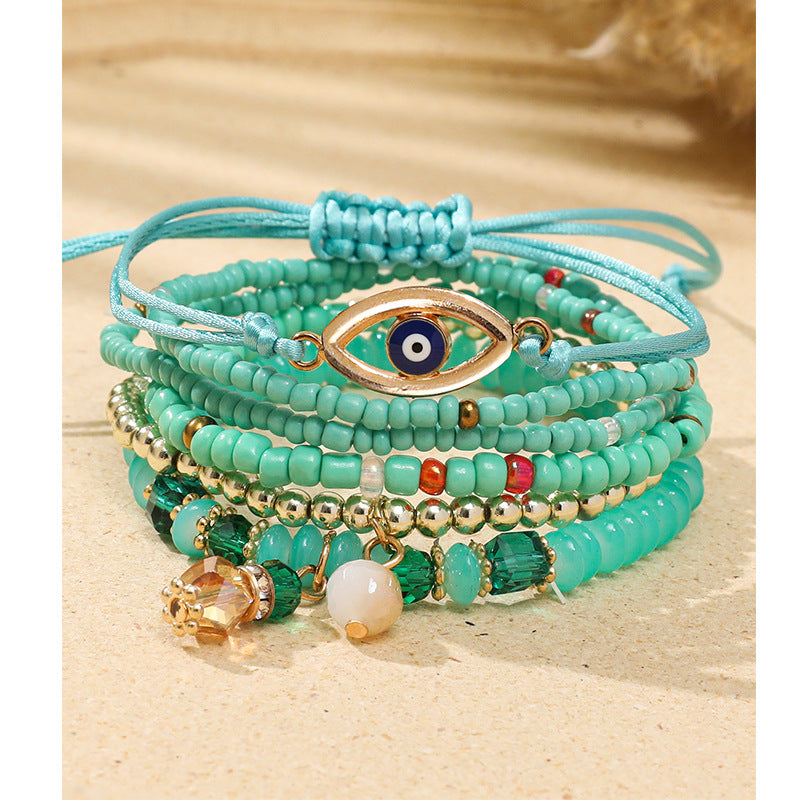 Wholesale Devil's Eye Multi-layered Bracelet Bohemian Style Rice Beads Adjustable Bracelet ACC-BT-XLH006