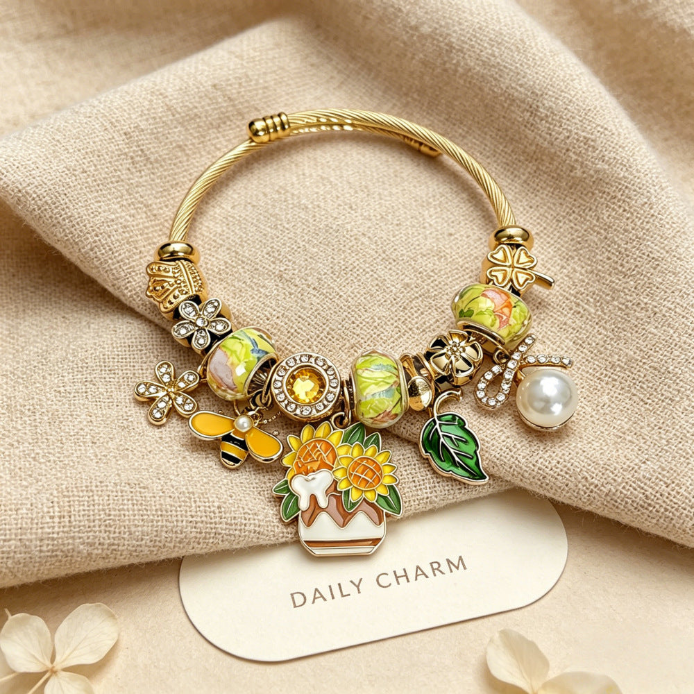Wholesale Trendy DIY Glass Bead Bracelet With Sunflower Bee Pearl Pendant Adjustable Stainless Steel Women S Fashion Accessory