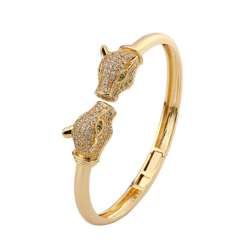 Wholesale Electroplated Copper Leopard Open Bangle With Zircon Trendy Hip Hop Style Jewelry Accessory For Everyday Wear