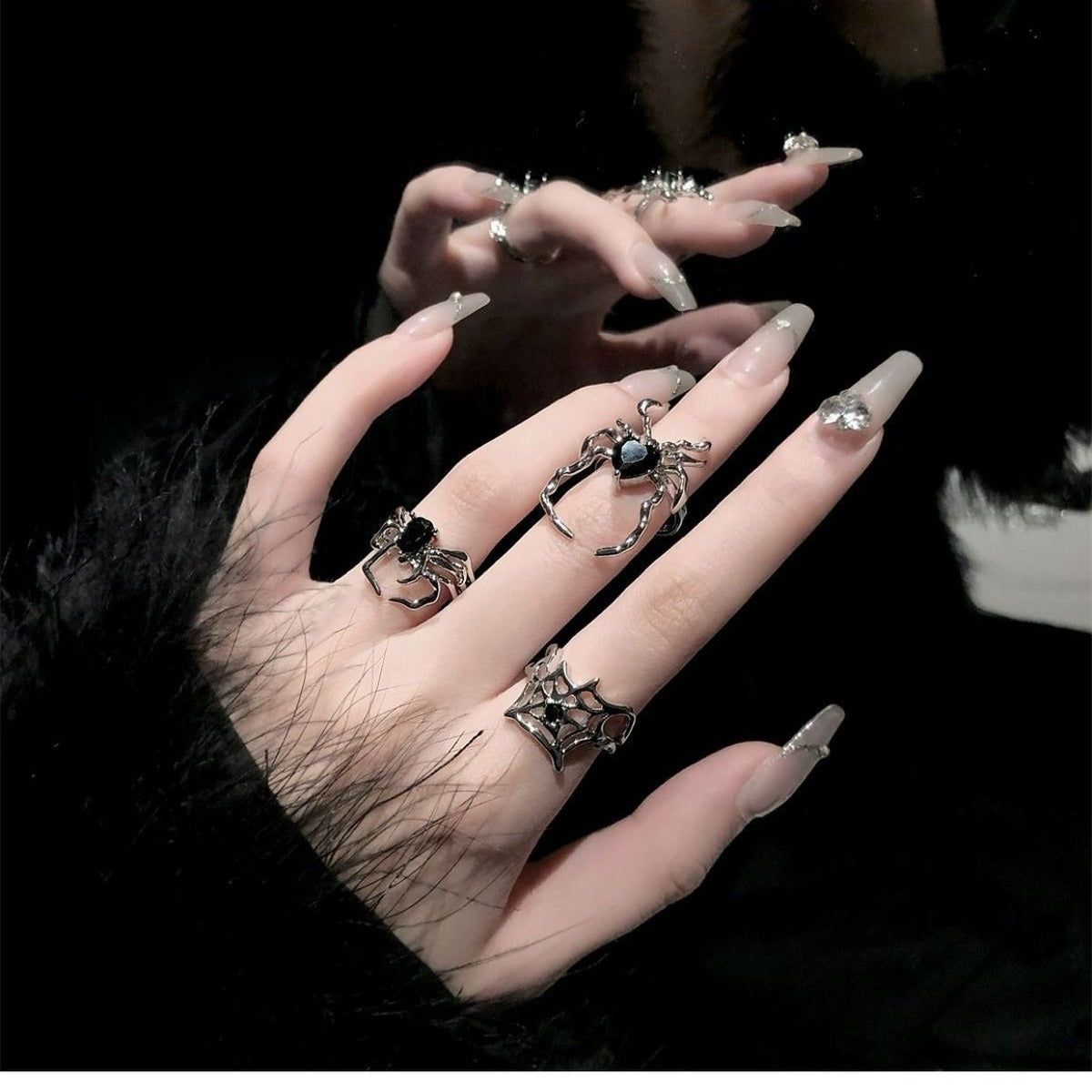 Wholesale European and American Dark Retro Black Gemstone  Nail Ring with Niche Design,  Minimalist Style,  Open-Ended Personality Ring