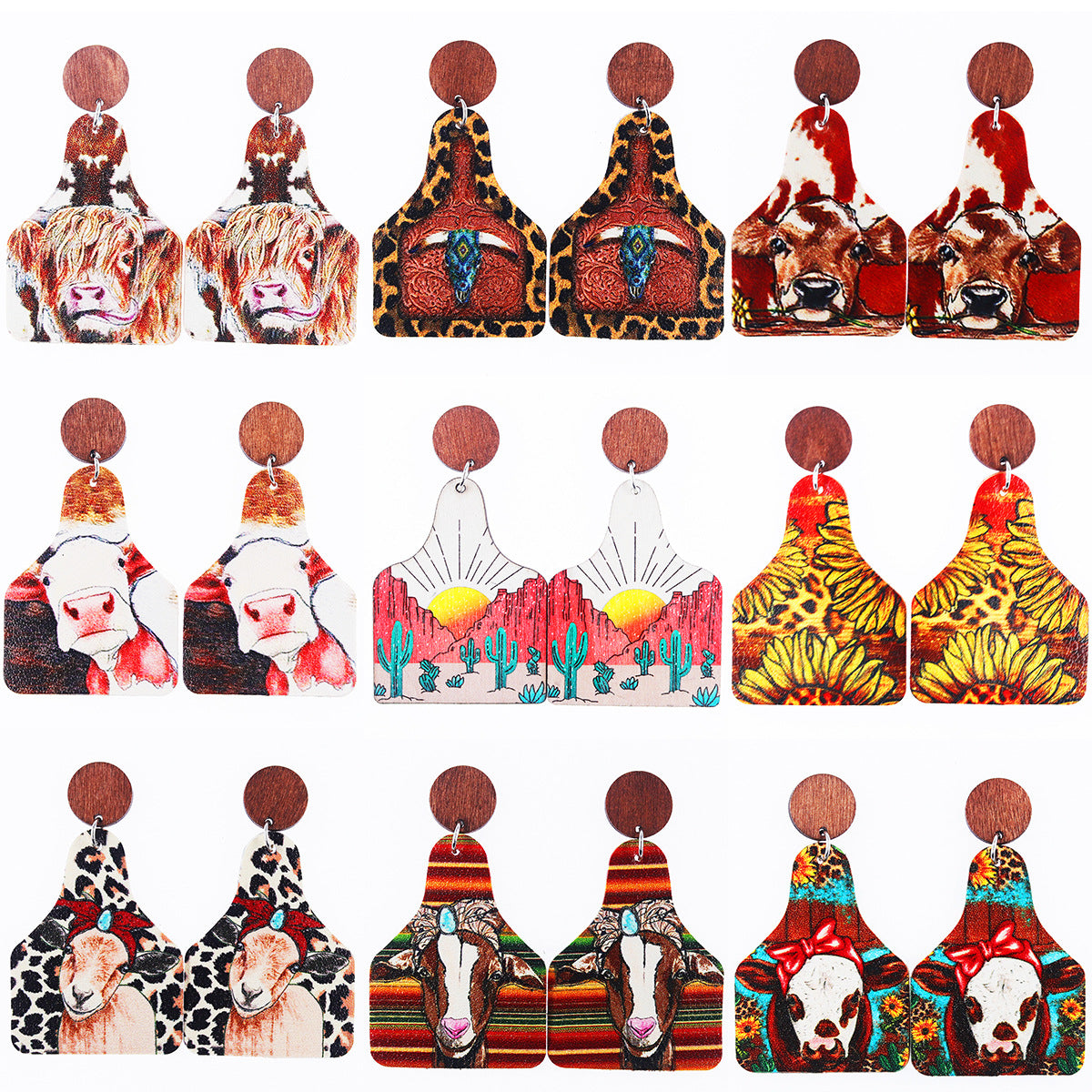 Wholesale Western Old Style Cow Sunflower Leopard Print Leather Bottle Shape Wooden Disc Splicing Earrings