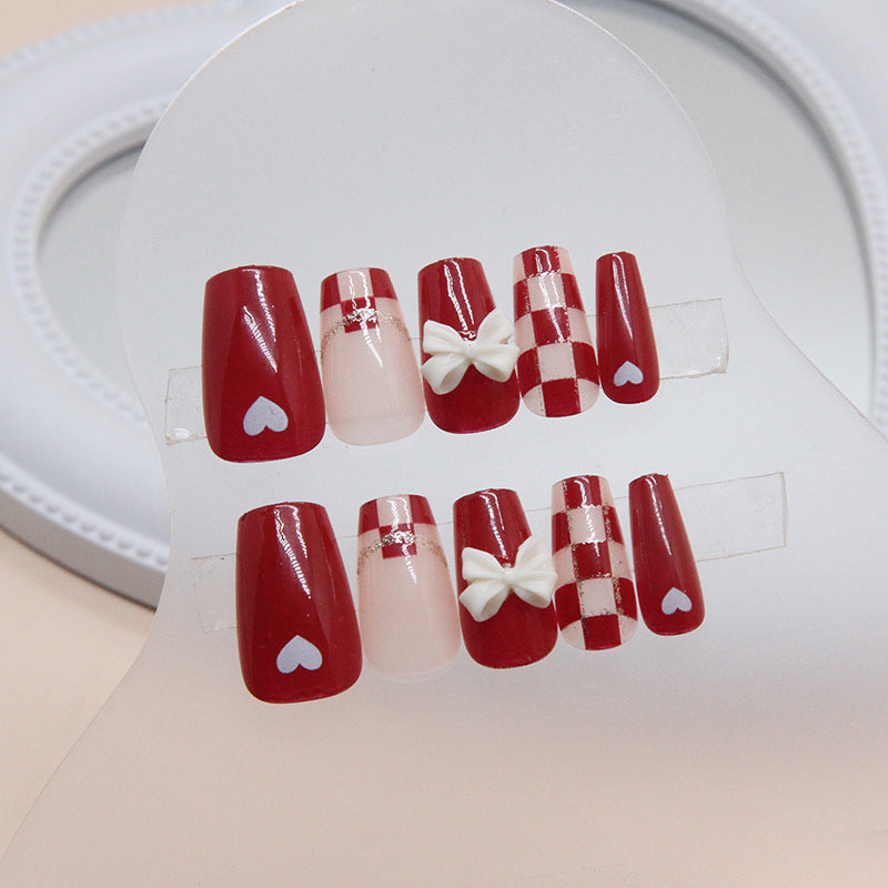 Wholesale 24 Pieces/box Red Chessboard Bow Nails Kits Nail Stickers