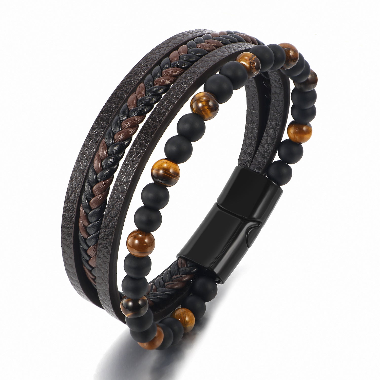 Wholesale Natural Tiger Eye Stone Beaded Men's Bracelet Hand Woven Multi-Layered Leather Bracelet ACC-BT-ZiGe030