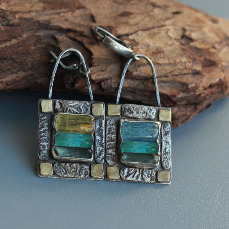 Wholesale Retro Tribal Green Blue Crystal Earrings Geometric Do Old Color Square Zircon Crystal Earrings