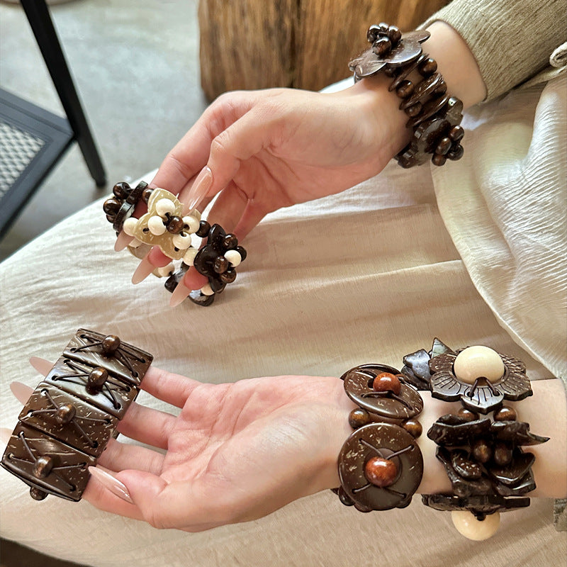 Wholesale Bohemian Retro nut Shell Bracelet Niche Stylish Ethnic Style Brown Coffee Beaded Bracelet Holiday Style Women' s Bracelet