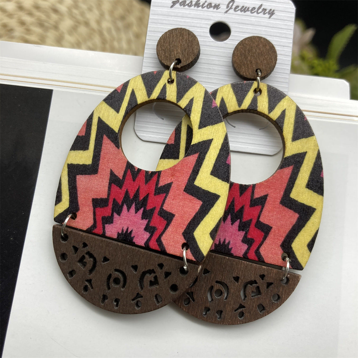 Wholesale Vintage Bohemian Oil Painting Series Wooden Hollow Long Earrings ACC-ES-FX022