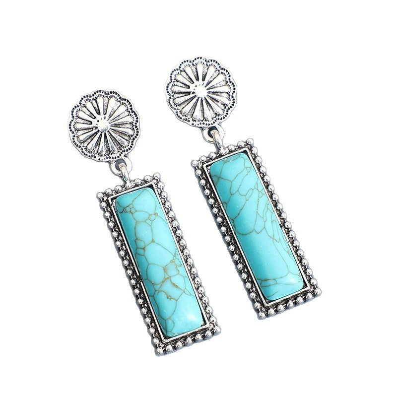 Wholesale Retro Bohemian Turquoise Carved Flower Earrings For Women Vintage Rectangle Stud Jewelry Fashion Accessory Gift