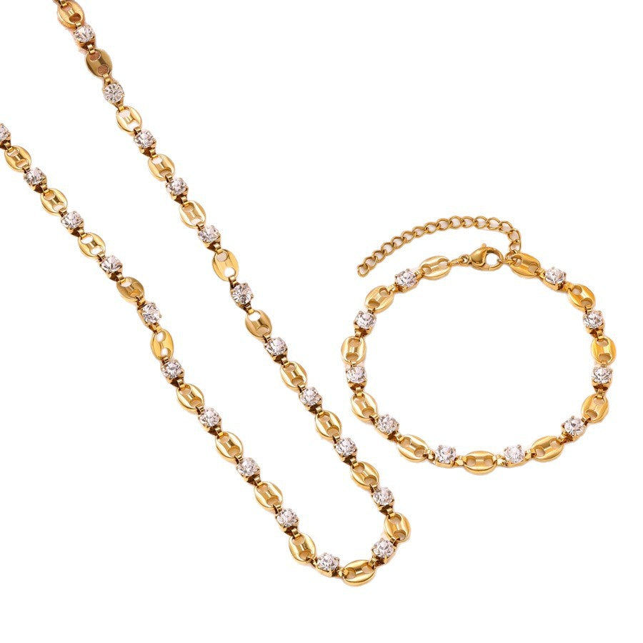 Wholesale  18K Gold Shaped Buckle Inlaid Zircon Necklace Bracelet Earrings Women' s Stainless Steel