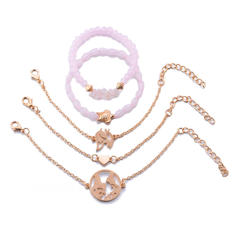 Wholesale  5pcs/set turtle map irregular pink crystal love bracelet
