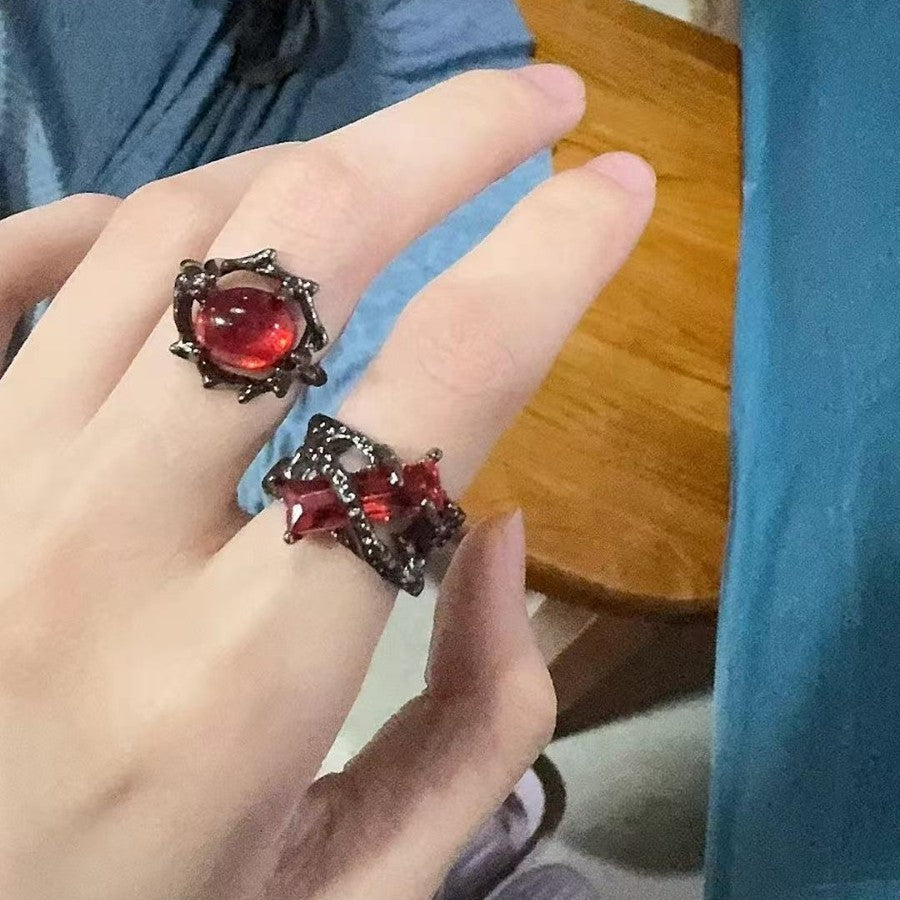 Wholesale Retro Red Geometric Gemstone Design Ring for Men and Women Niche Personality Punk Dark Hollow Texture Metal Ring