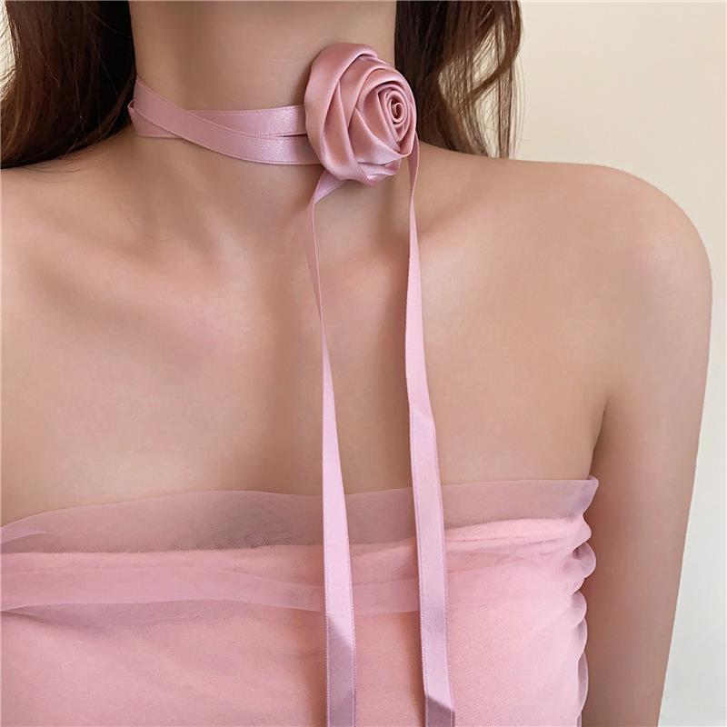 Wholesale Rose Satin Neck Chain Flower Ribbon Multi-use Hair Wrist Necklace
