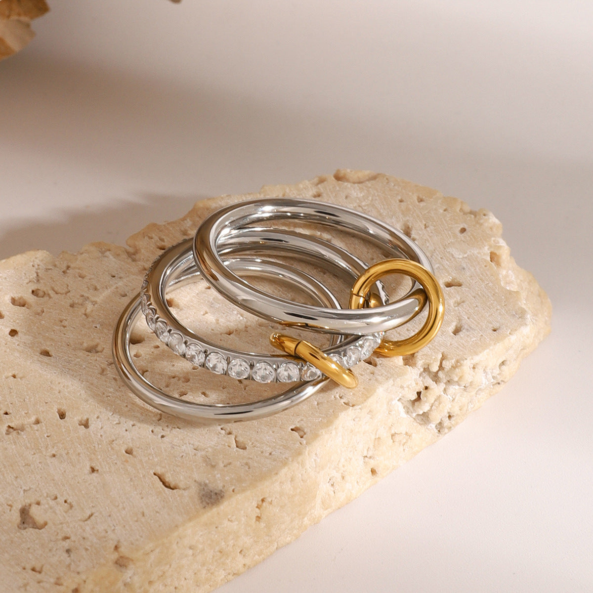 Wholesale 18k gold stainless steel gold and silver color matching three-layer white zircon ring
