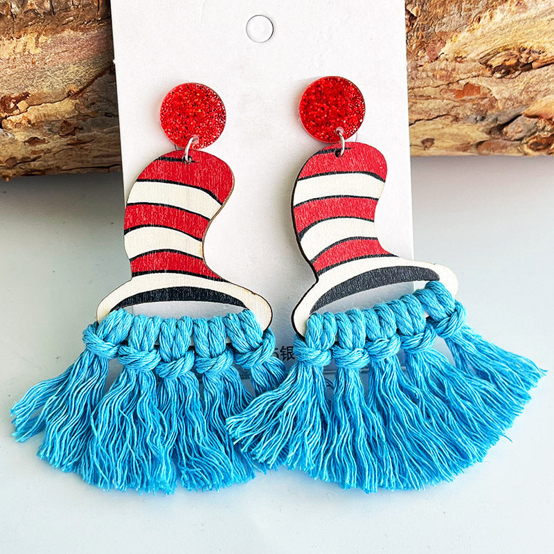 Wholesale Bohemian Handwoven Tassel Fan Earrings Wooden Geometric Fashion Accessory Boutique Resale Gift