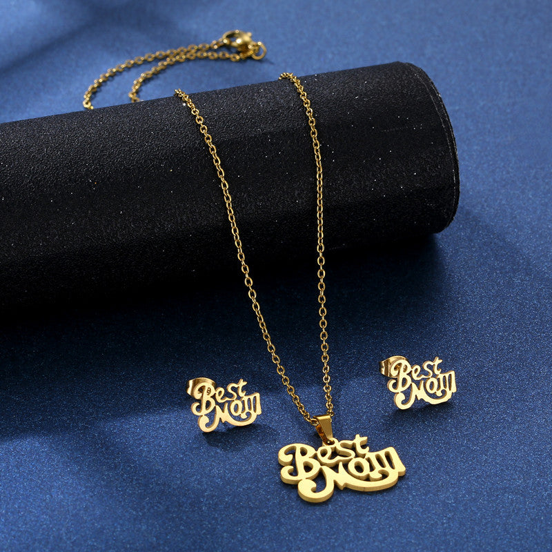 Wholesale Best Mom Mother's Day 18K Gold 304 Stainless Steel Earrings Necklace Set ACC-ES-MinM008