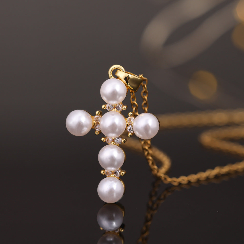 Wholesale Trendy 18K Gold Plated Pearl Cross Pendant Necklace For Women Fashion Jewelry Accessory