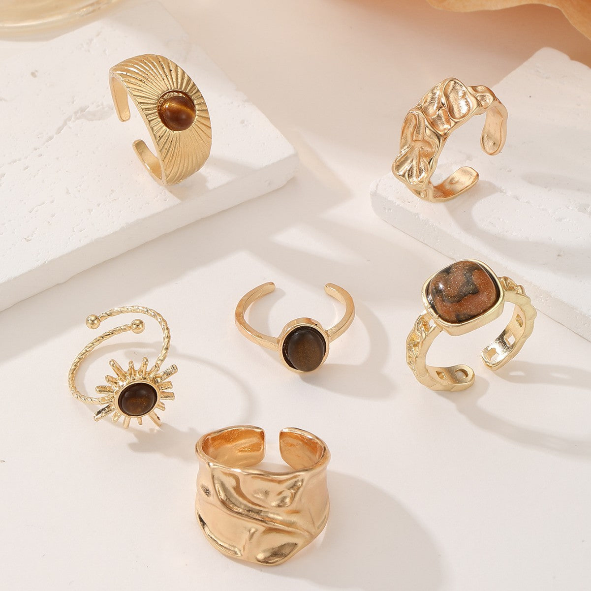 Wholesale Vintage Adjustable Natural Stone Ring Set 6 Piece Gold Tone Alloy Geometric Jewelry Accessory For Women