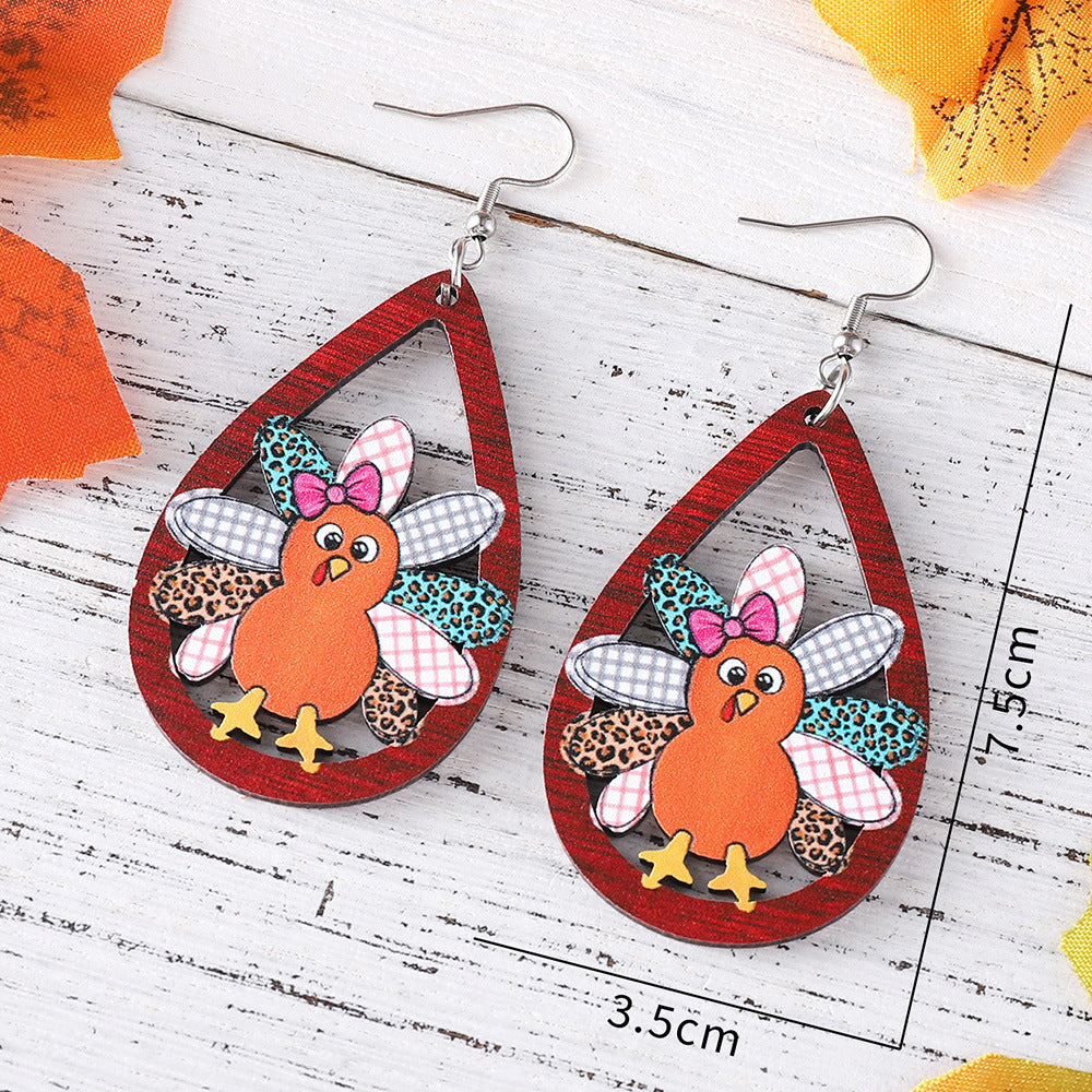 Wholesale Autumn Harvest Thanksgiving Cute Turkey Water Drop Hollow Pendant Earrings