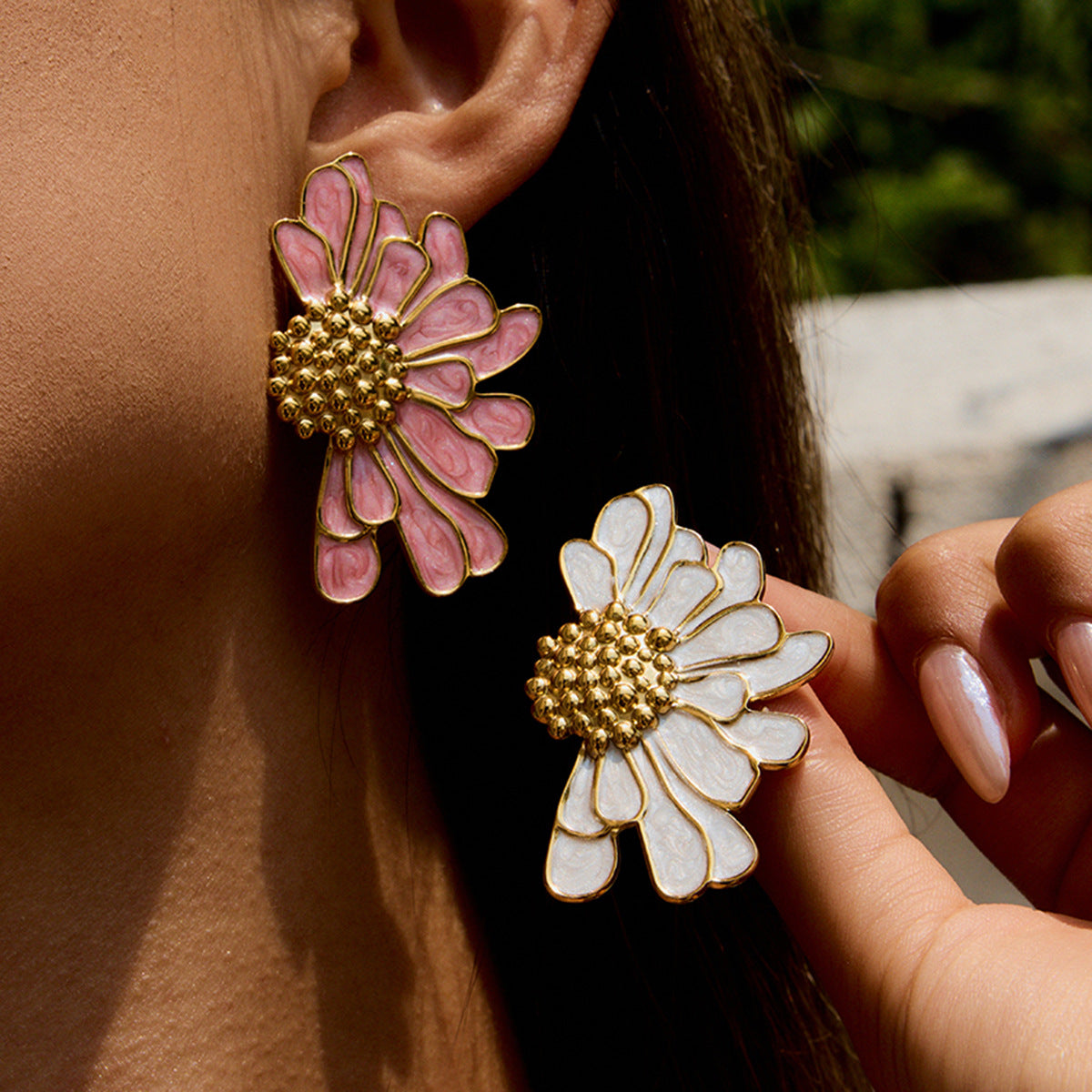 Wholesale 18K Gold Stainless Steel Pink Oil Drop Flower Earrings