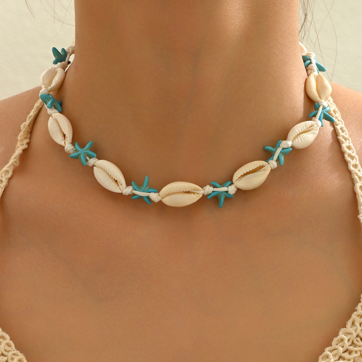 Wholesale Vintage Beach Style Shell Woven Necklace Starfish Imitation Turquoise Pendant Gift