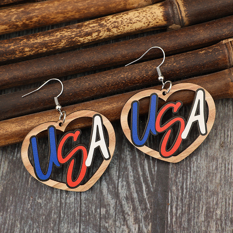 Wholesale  Independence Day Hollow Heart-shaped Stitching USA Independence Day Wooden Earrings
