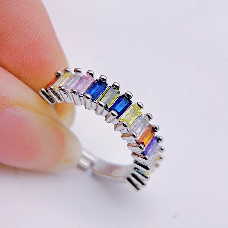 Wholesale Colorful Ring Opening Adjustable Rectangular Colorful Zirconium Copper Inlaid Rings ACC-RS-YXY046