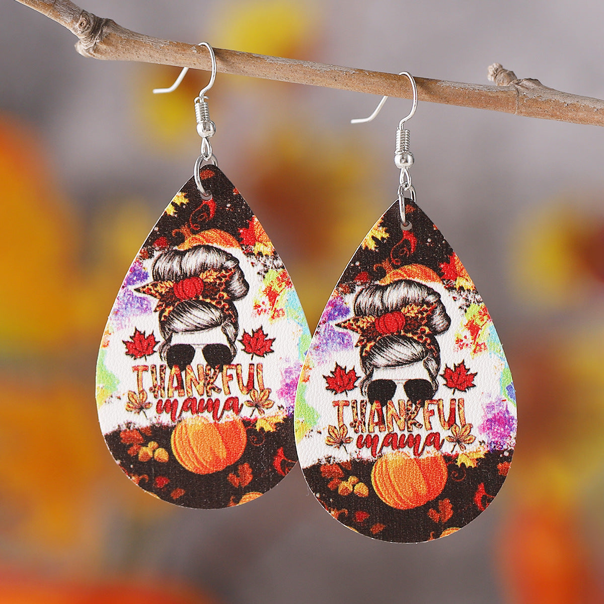Wholesale Thanksgiving Autumn Harvest Pumpkin Sunflower Leopard Print PU Leather Earrings ACC-ES-ChuLian088