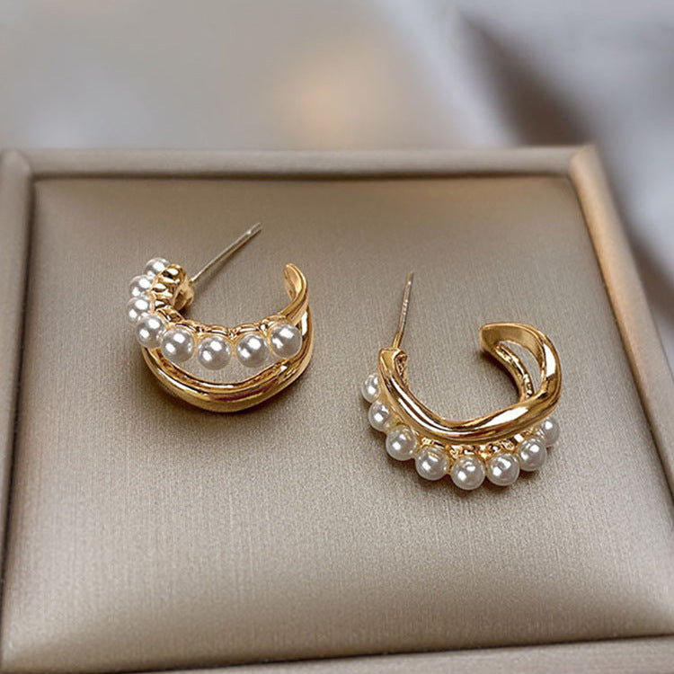 Wholesale Asymmetrical Double Layer Pearl Earrings Korean Style Boutique Resale Jewelry Accessory