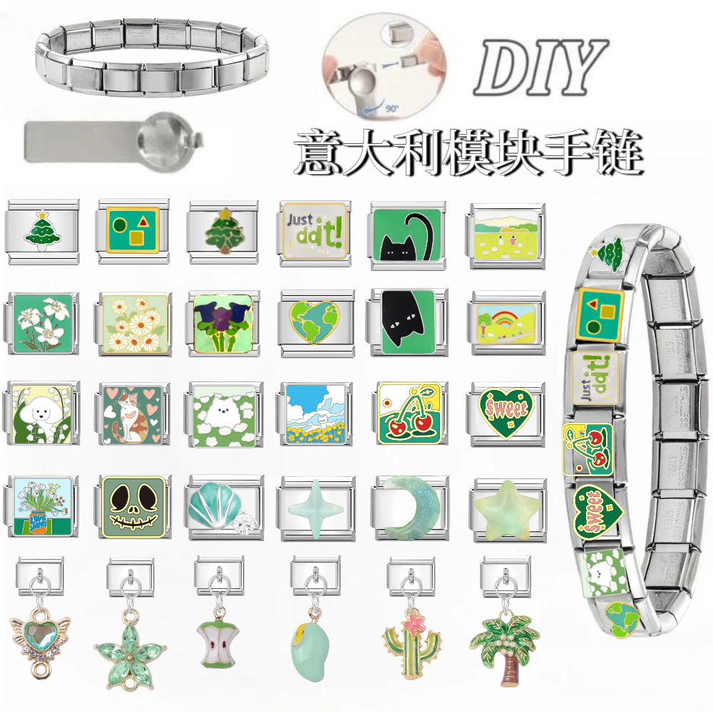 Wholesale Titanium Steel Original Design DIY Italian Charms Bracelet Green Pattern Dripping Oil Finish Resale Fashion Accessory