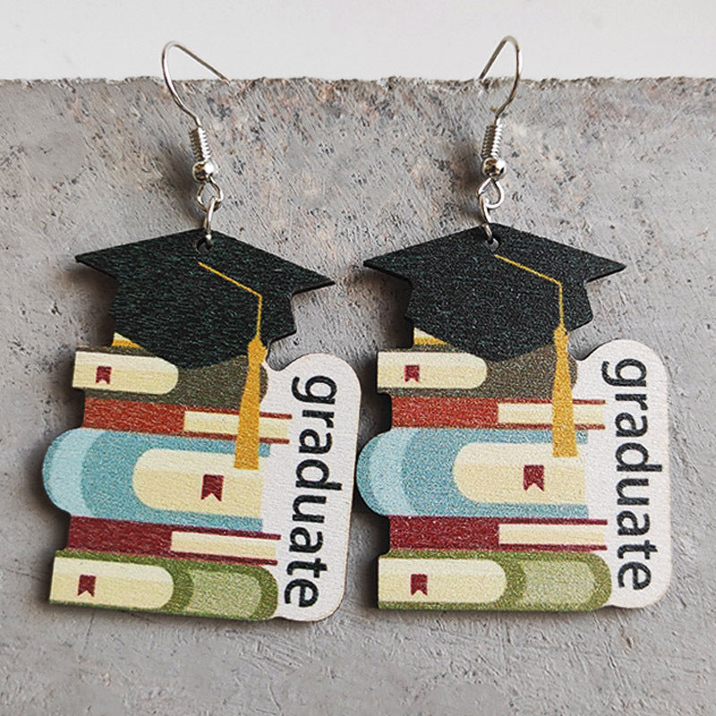 Wholesale Graduation Book and Cap Wooden Earrings Cute Student Gift Jewelry Accessory