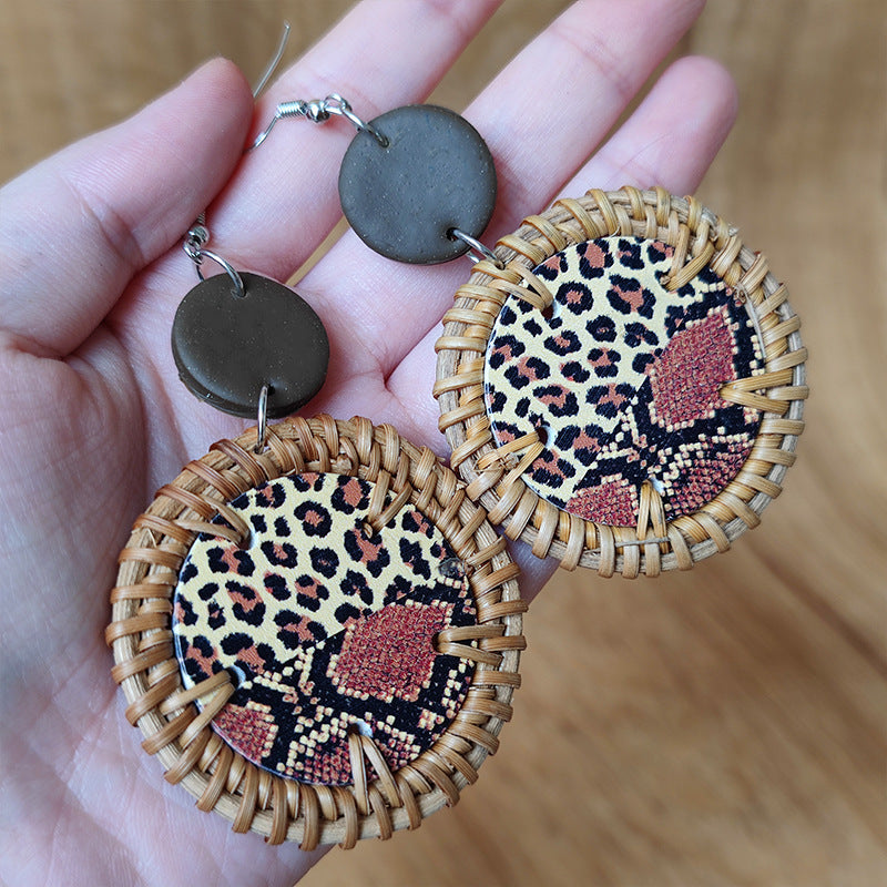 Wholesale 3 Pairs/Pack Polymer Clay Rattan Copper Woven Leopard Zebra Print Earrings ACC-ES-HY100