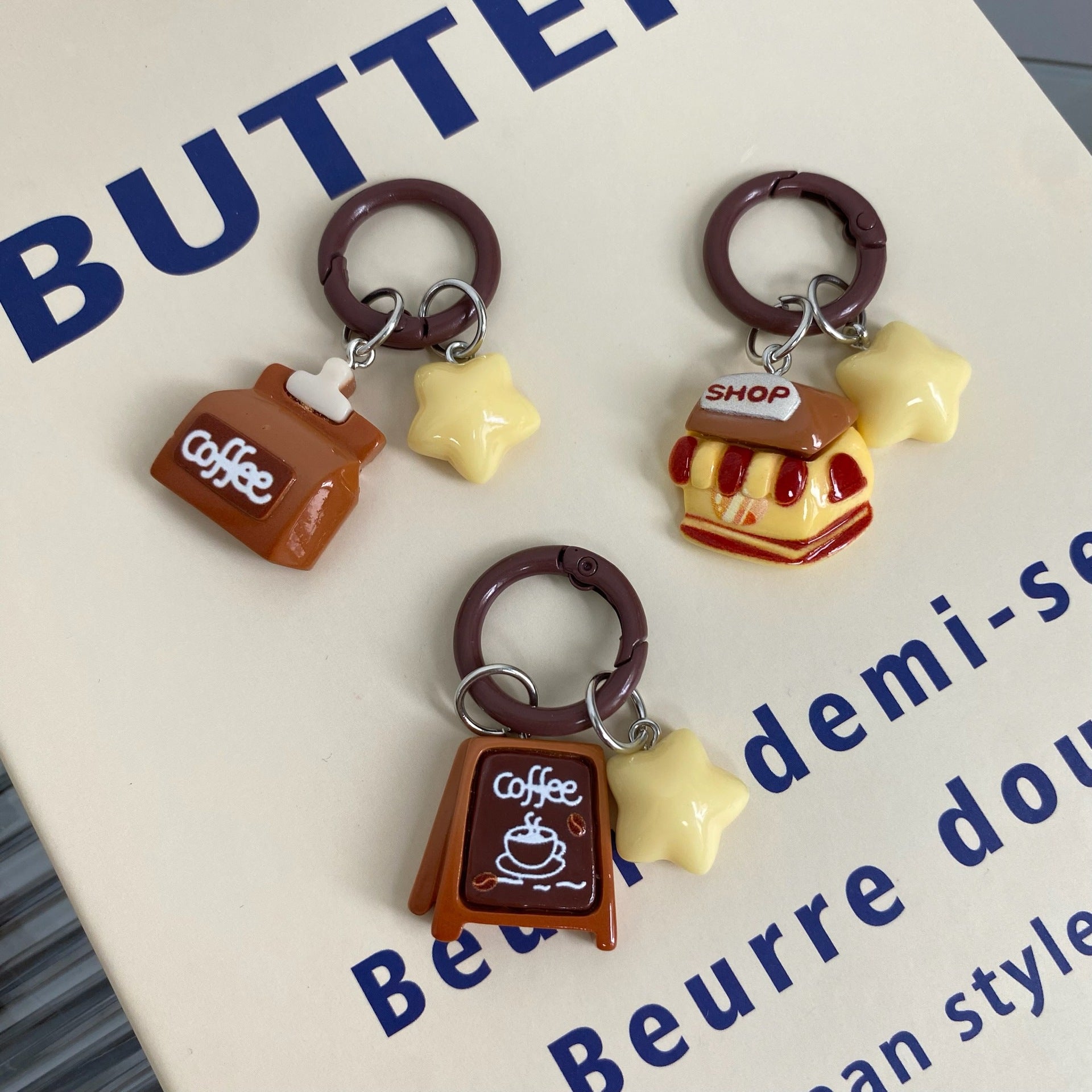 Wholesale Lovely Coffee Shop Star Keychain Resin Pendant Cute Bag Charm Boutique Accessory for Girls