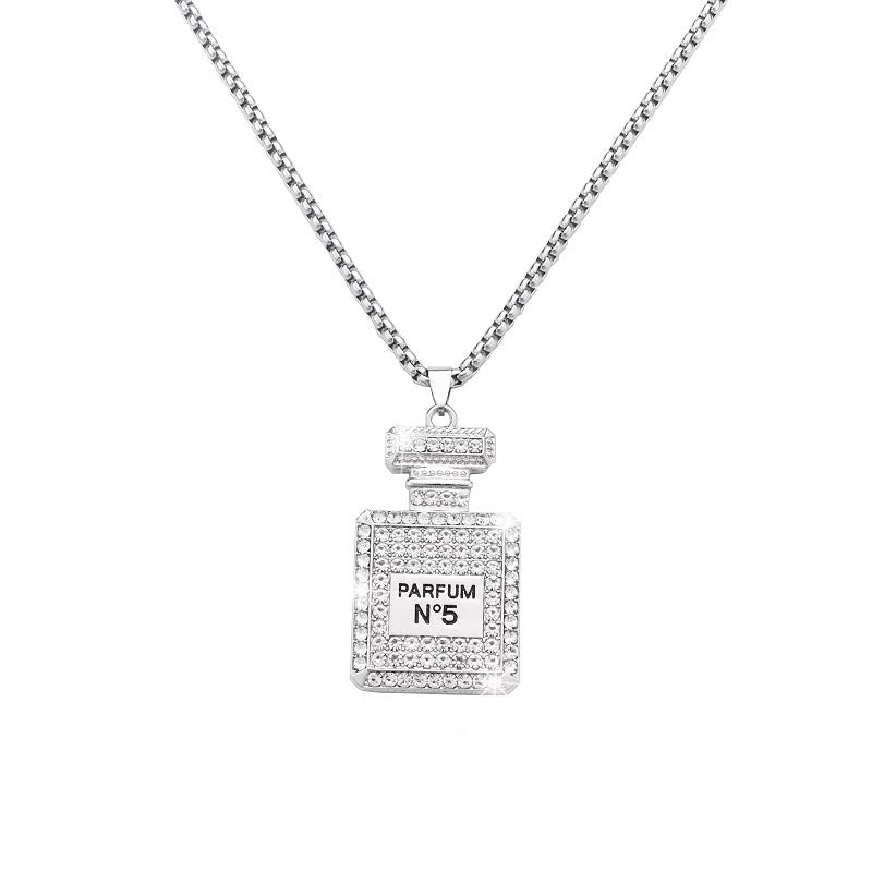 Wholesale Stainless Steel Rhinestone Perfume Bottle Pendant Long Necklace Sweater Chain Stylish Jewelry Accessory Gift
