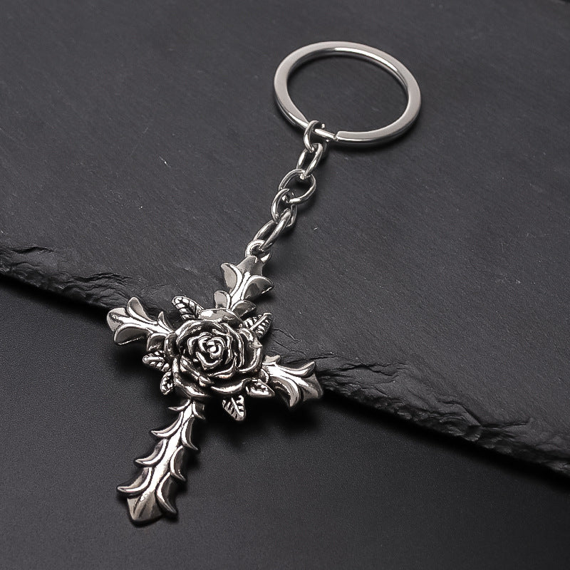 Wholesale Silver Electroplated Alloy Flower Cross Keychain Chic Bag Charm For Men Women