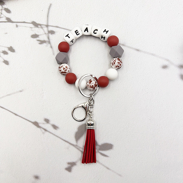 Wholesale Black And White Alphabet Bead Tassel Keychain Bag Charm For Teacher S Day Gift